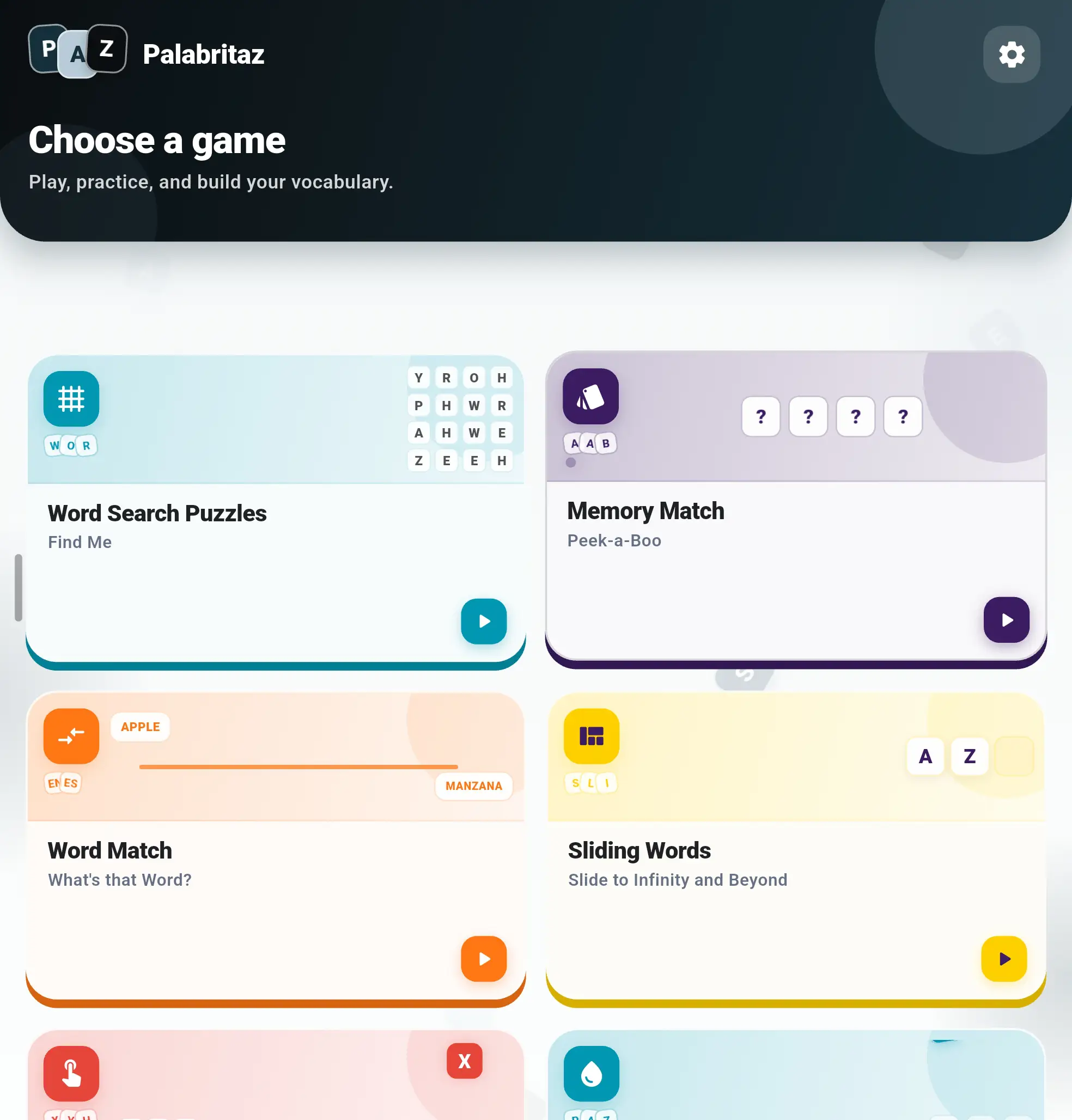 Palabritaz Choose a game screen with colorful game cards