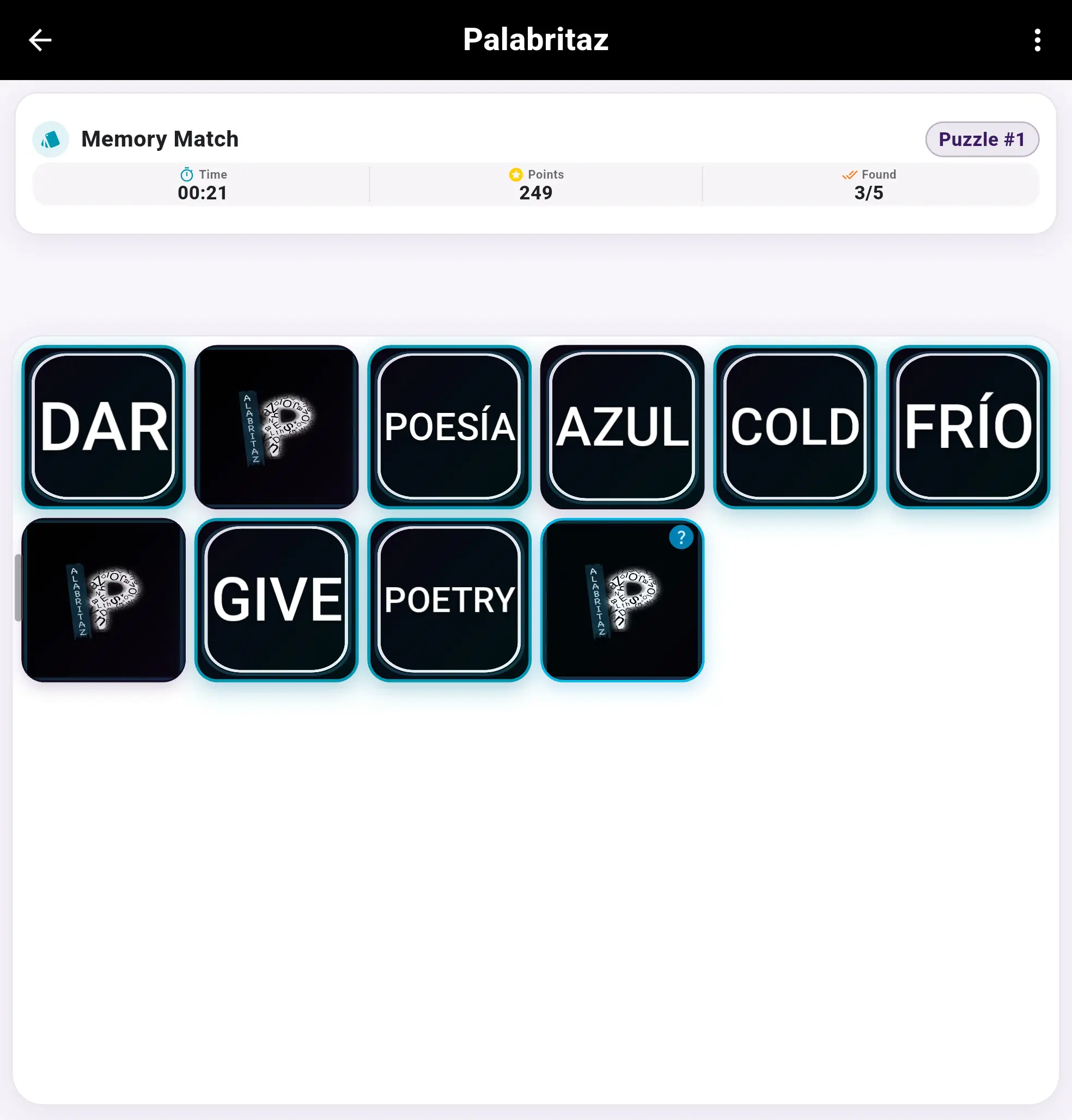 Memory Match gameplay in Palabritaz