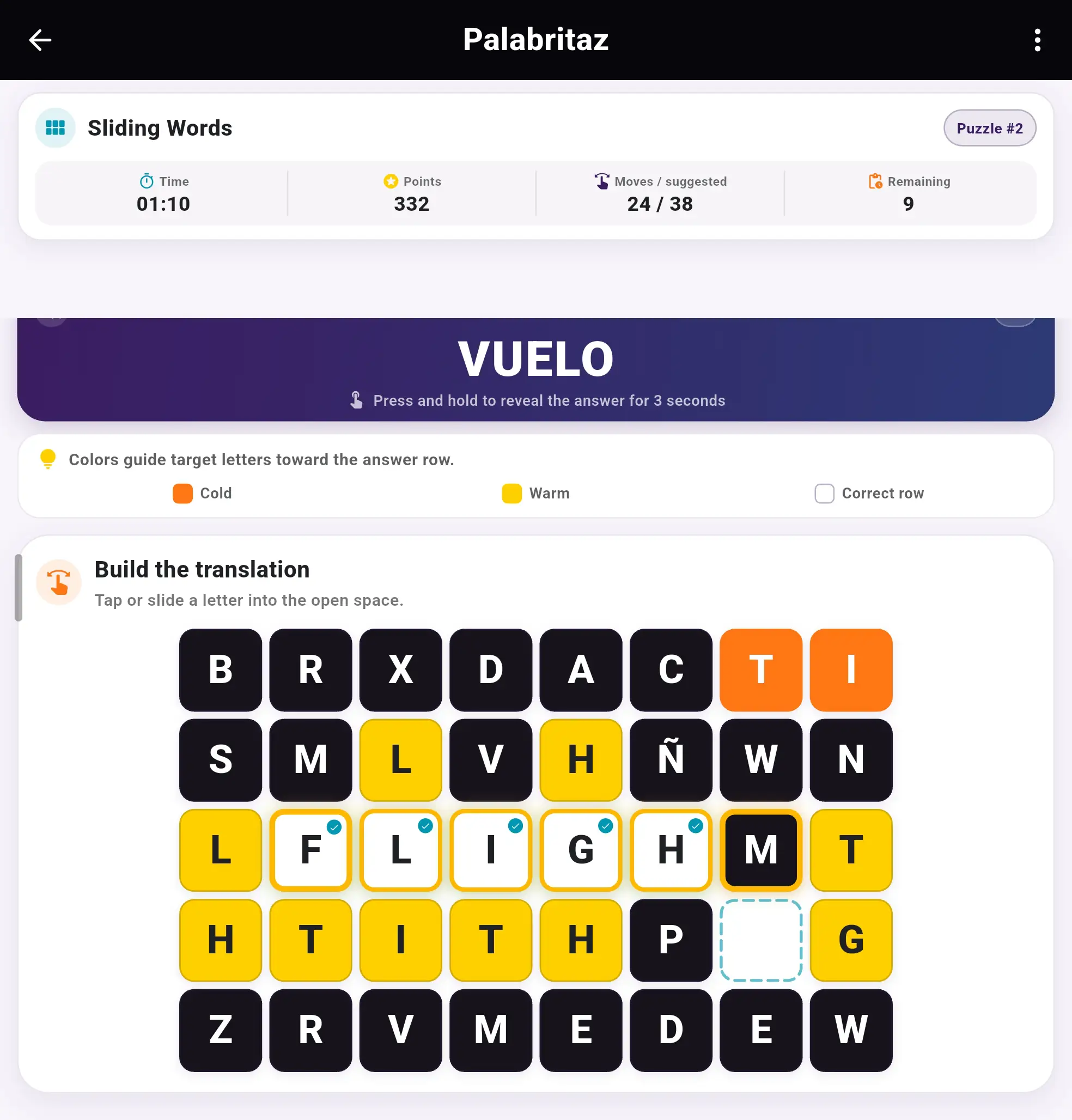 Sliding Words gameplay in Palabritaz
