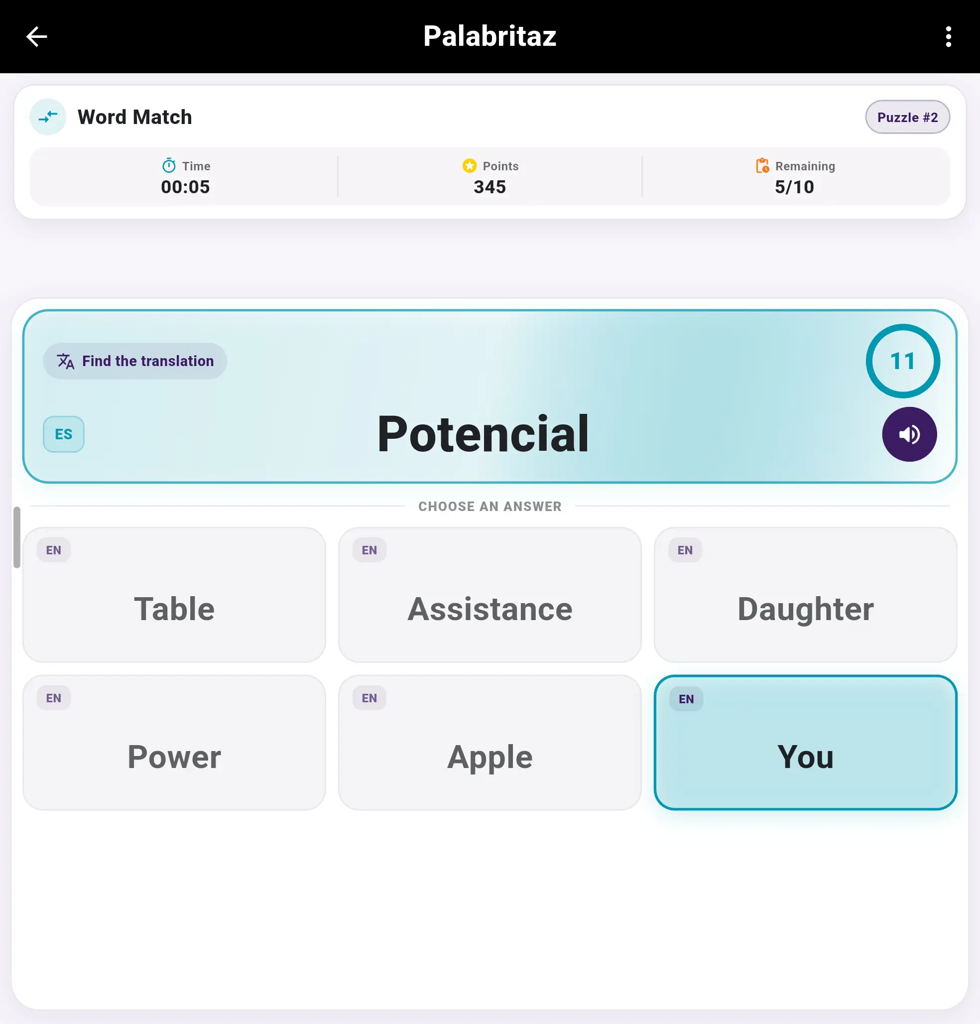 Word Match gameplay in Palabritaz