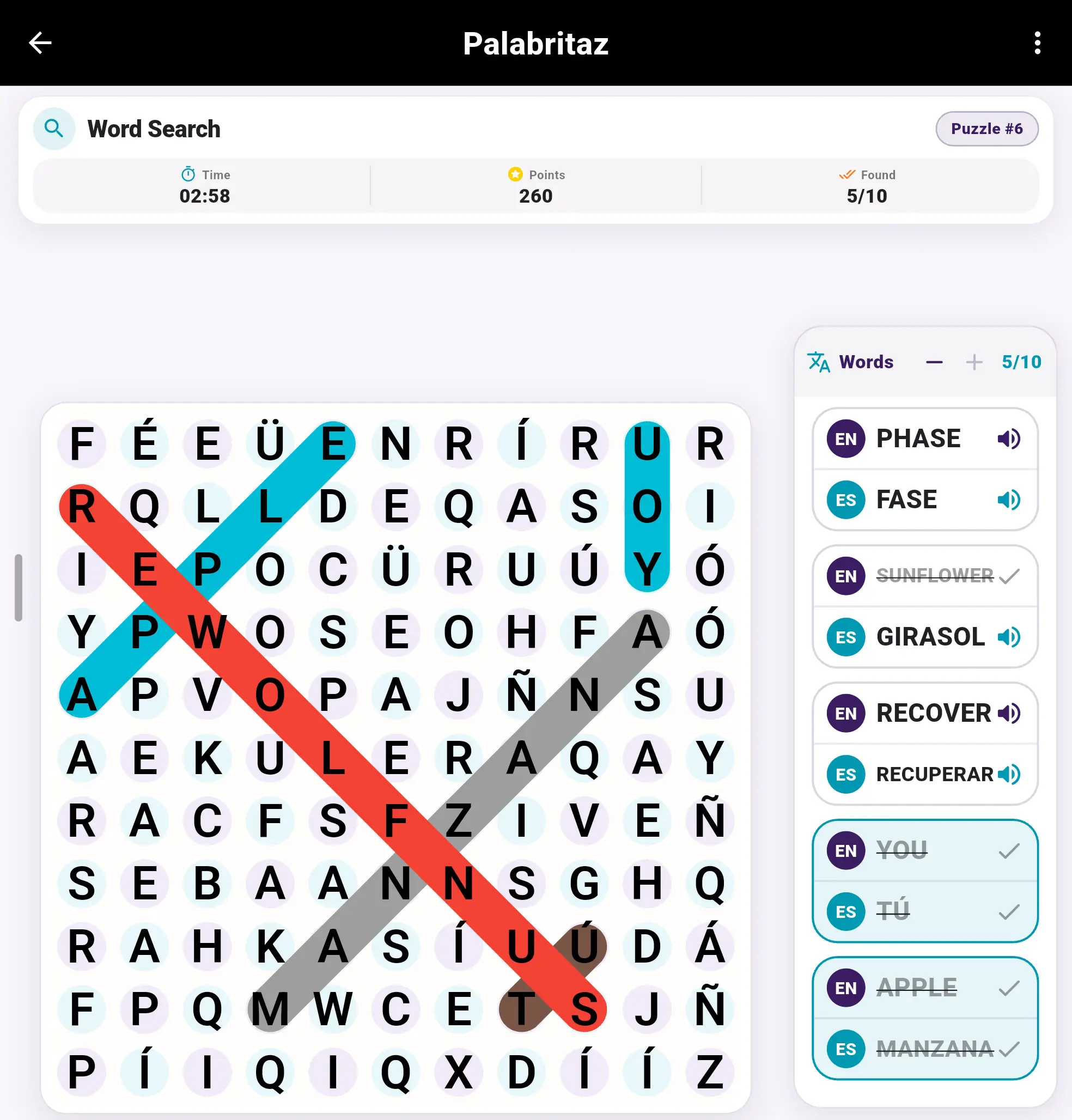 Word Search gameplay in Palabritaz